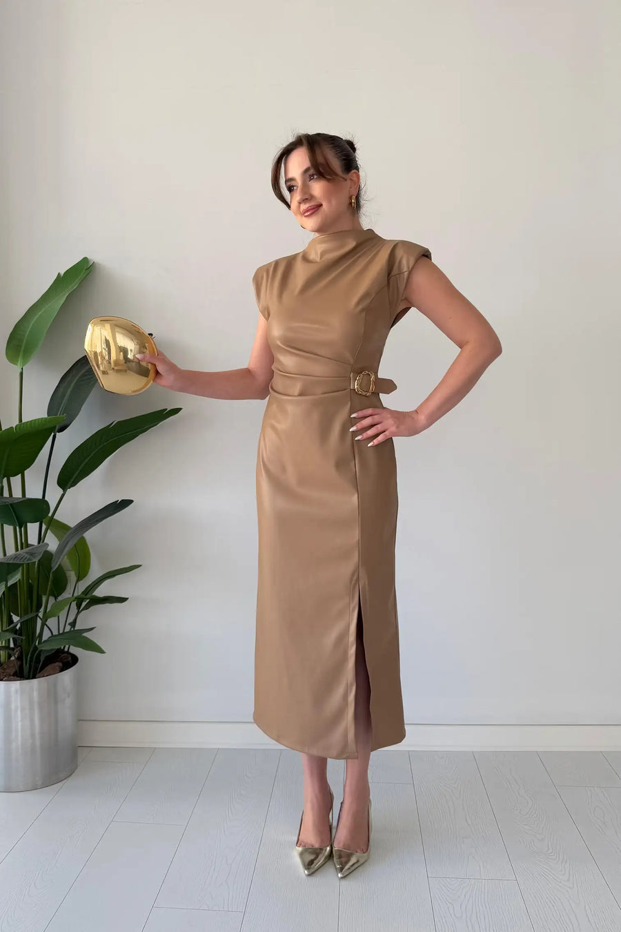 Claudine - Sleeveless Belted Midi Faux Leather Dress