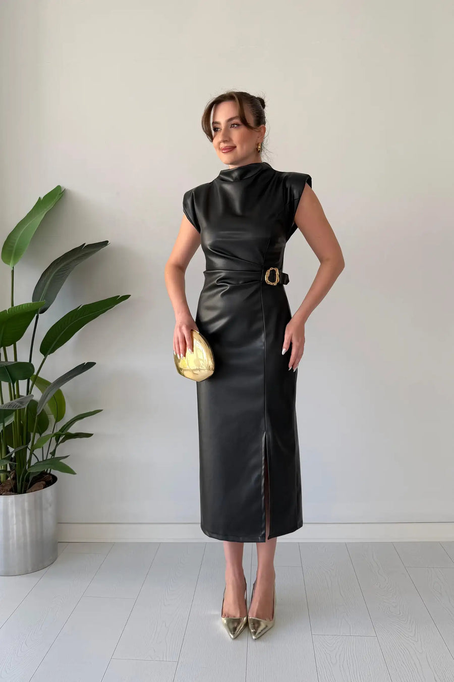Claudine - Sleeveless Belted Midi Faux Leather Dress