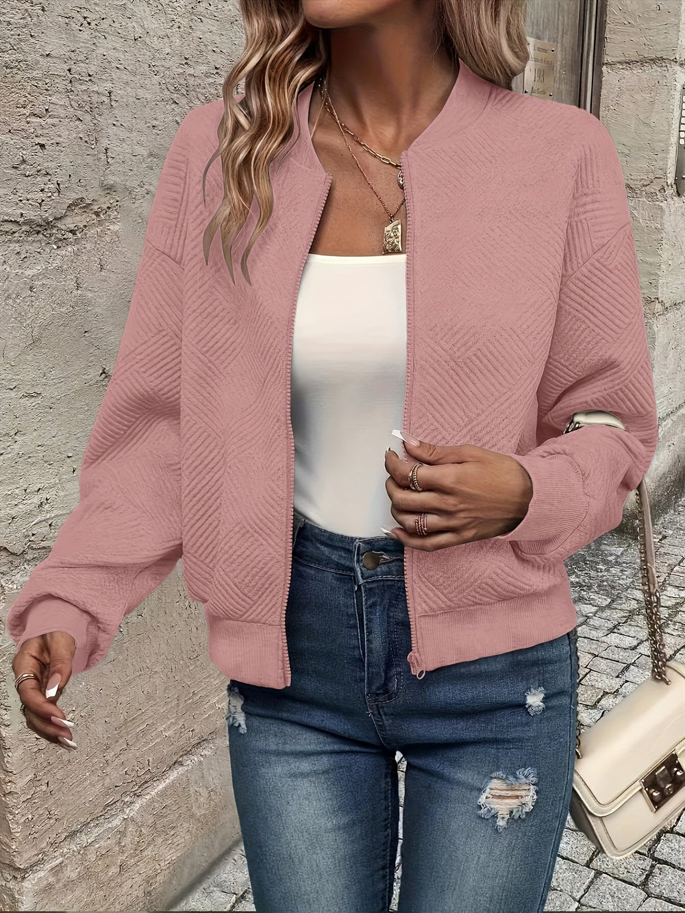Shahna | Zip Up Textured Bomber Jacket