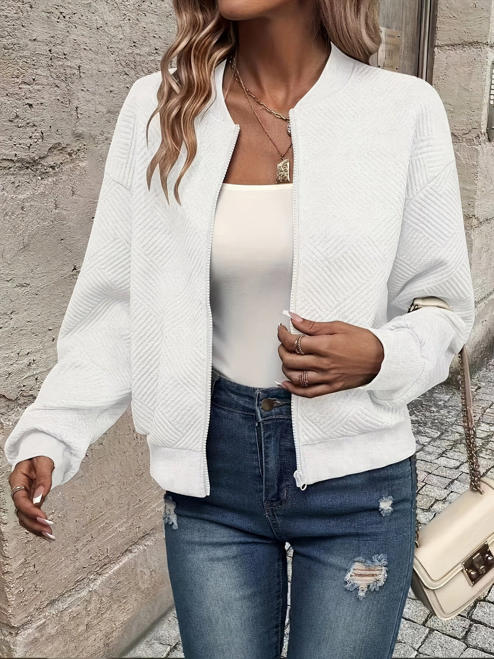 Shahna | Zip Up Textured Bomber Jacket
