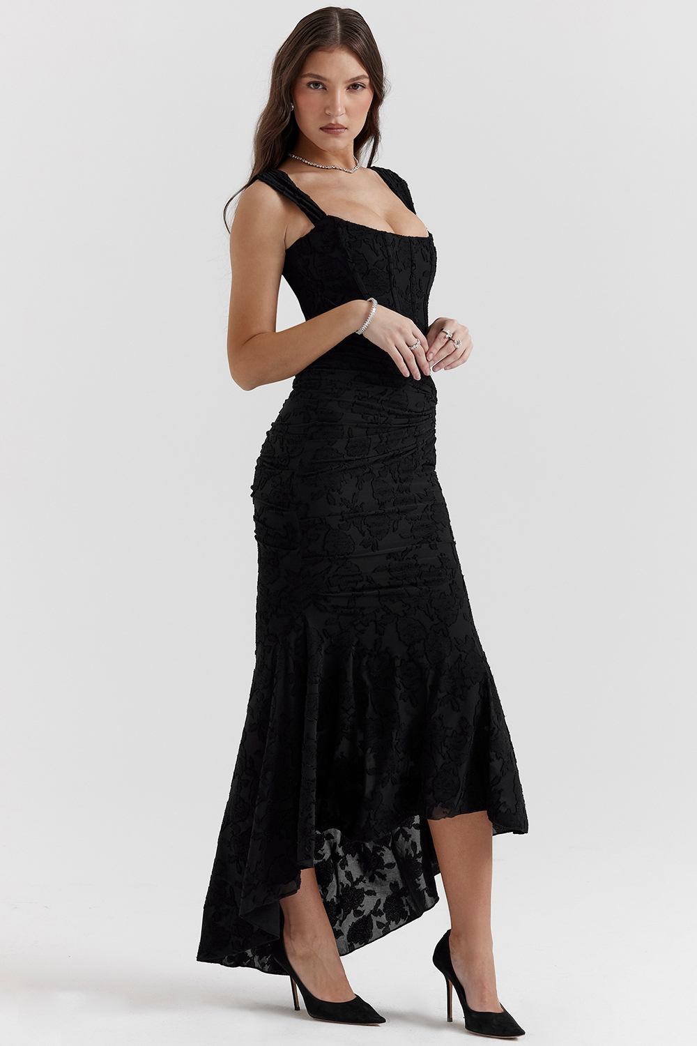 Traudel | Floral Jacquard Square Neck Midi Dress