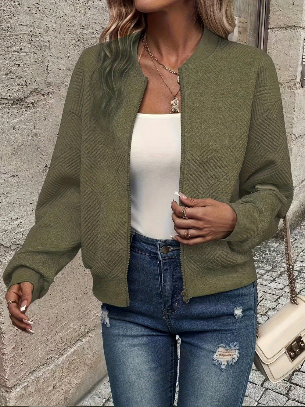 Shahna | Zip Up Textured Bomber Jacket
