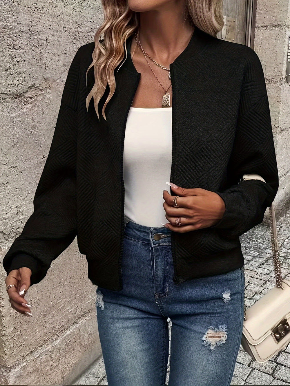 Shahna | Zip Up Textured Bomber Jacket