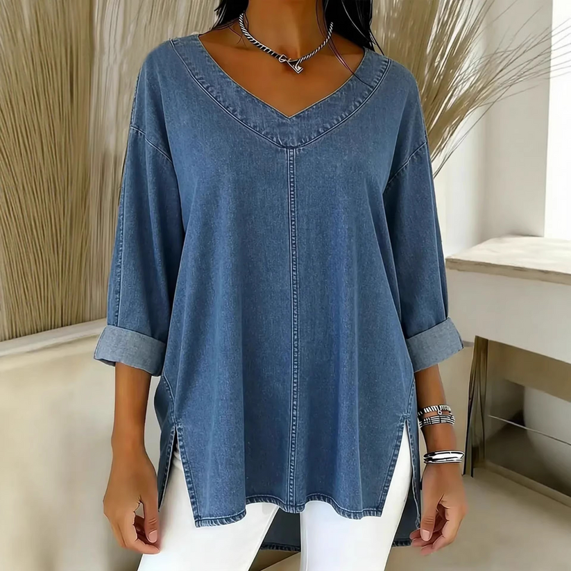 Ludivine | Denim-Style V Neck Oversized Tunic Top