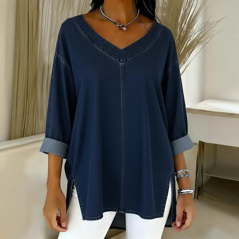 Ludivine | Denim-Style V Neck Oversized Tunic Top