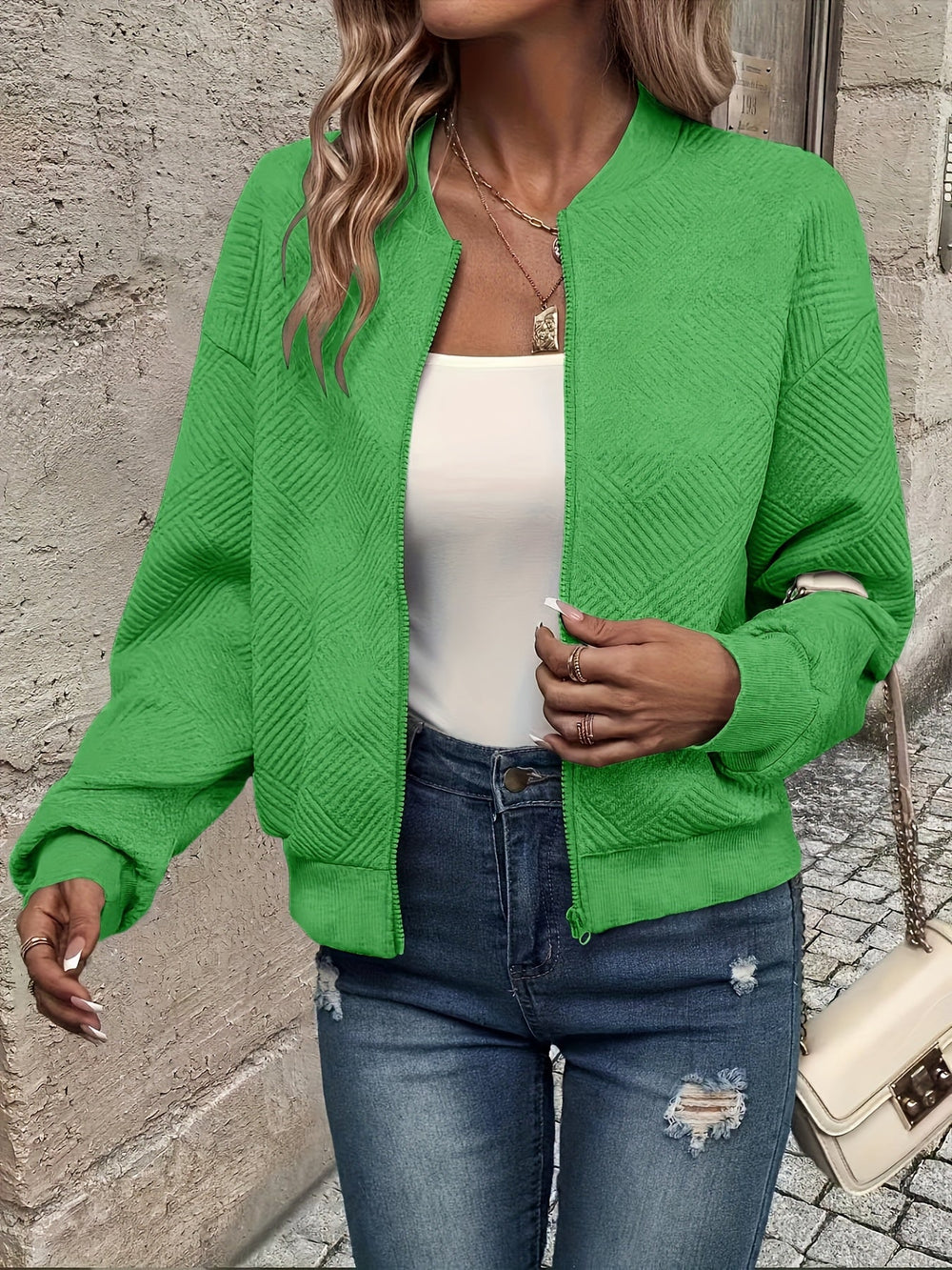 Shahna | Zip Up Textured Bomber Jacket
