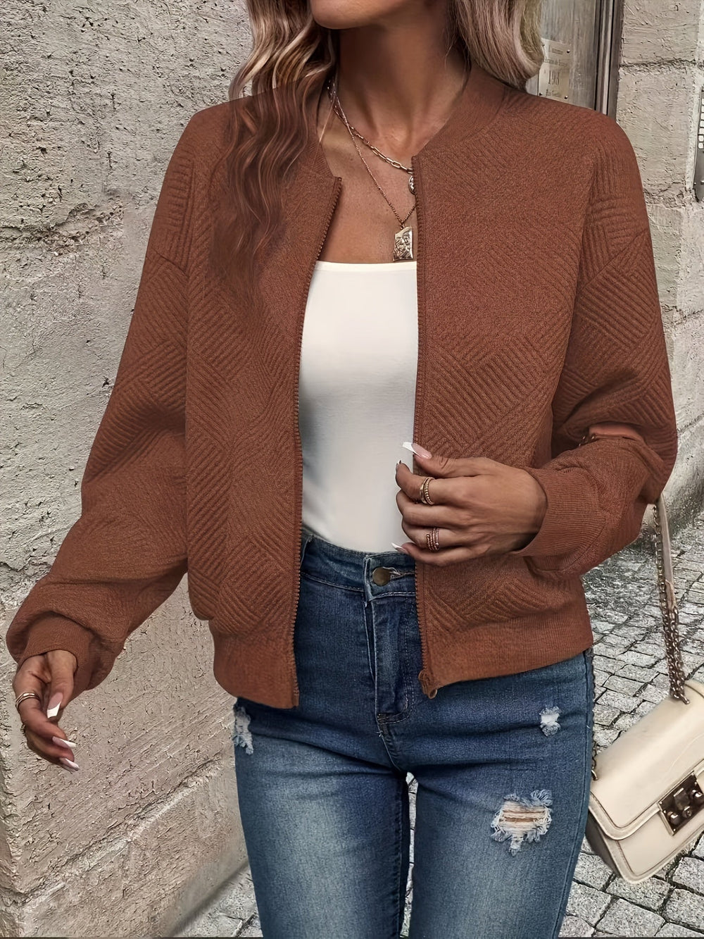 Shahna | Zip Up Textured Bomber Jacket