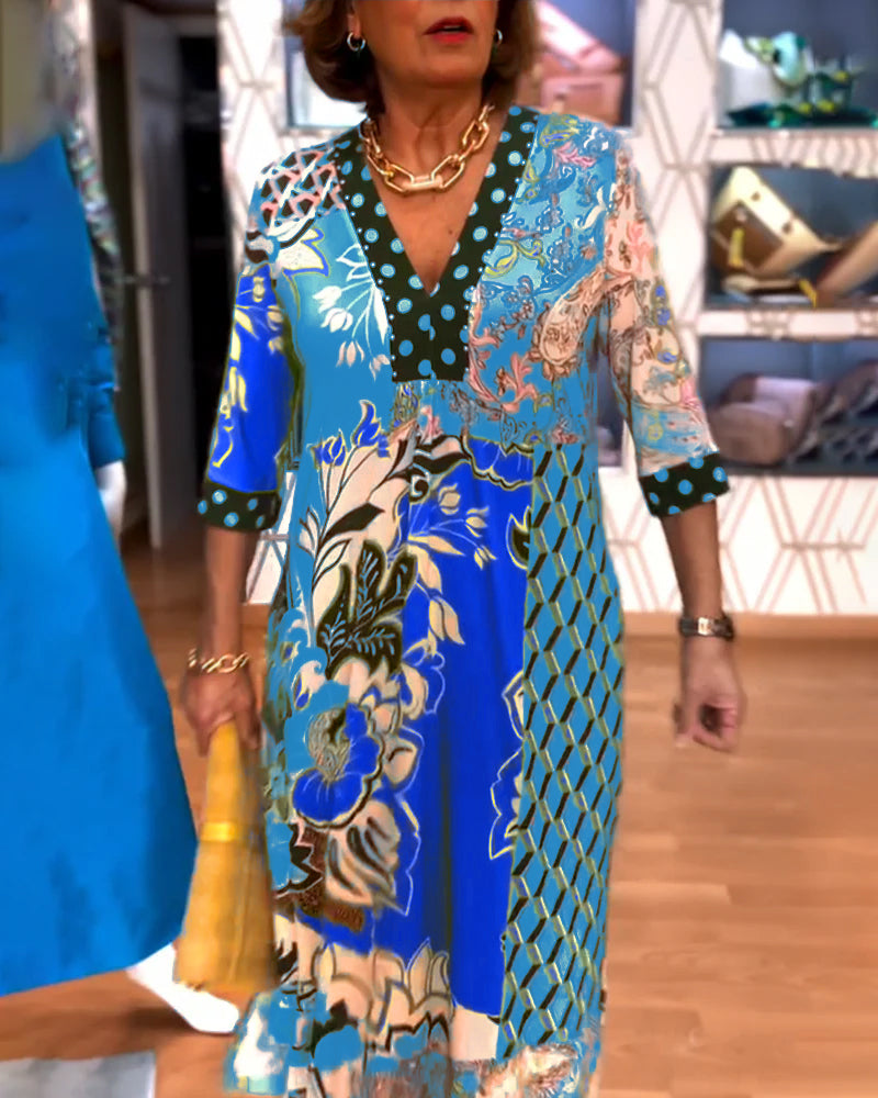 Charmaine | Printed V-Neck Three-Quarter Sleeve Maxi Dress