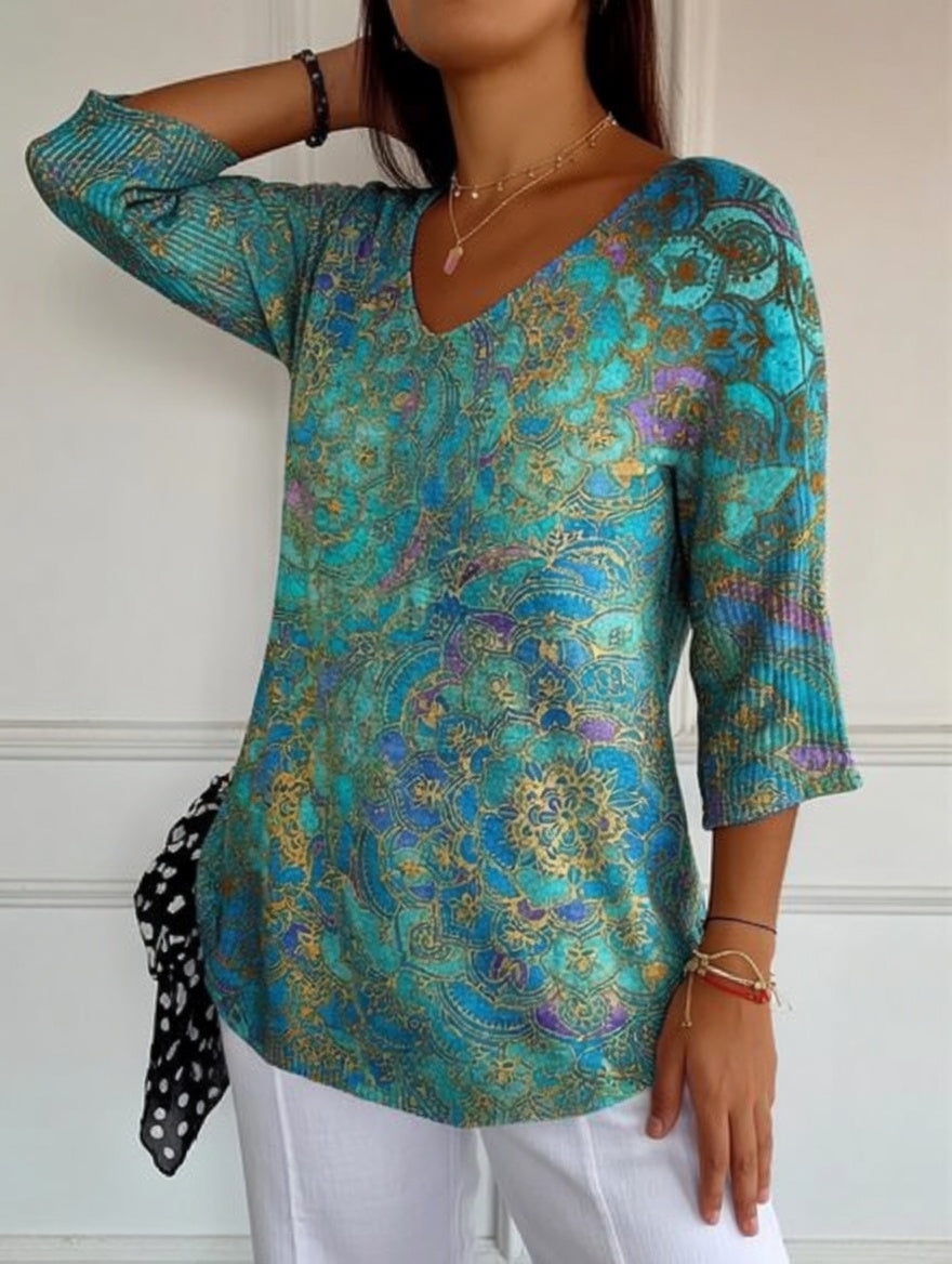 Rezilia | Womens V-Neck Bohemian Print Blouse