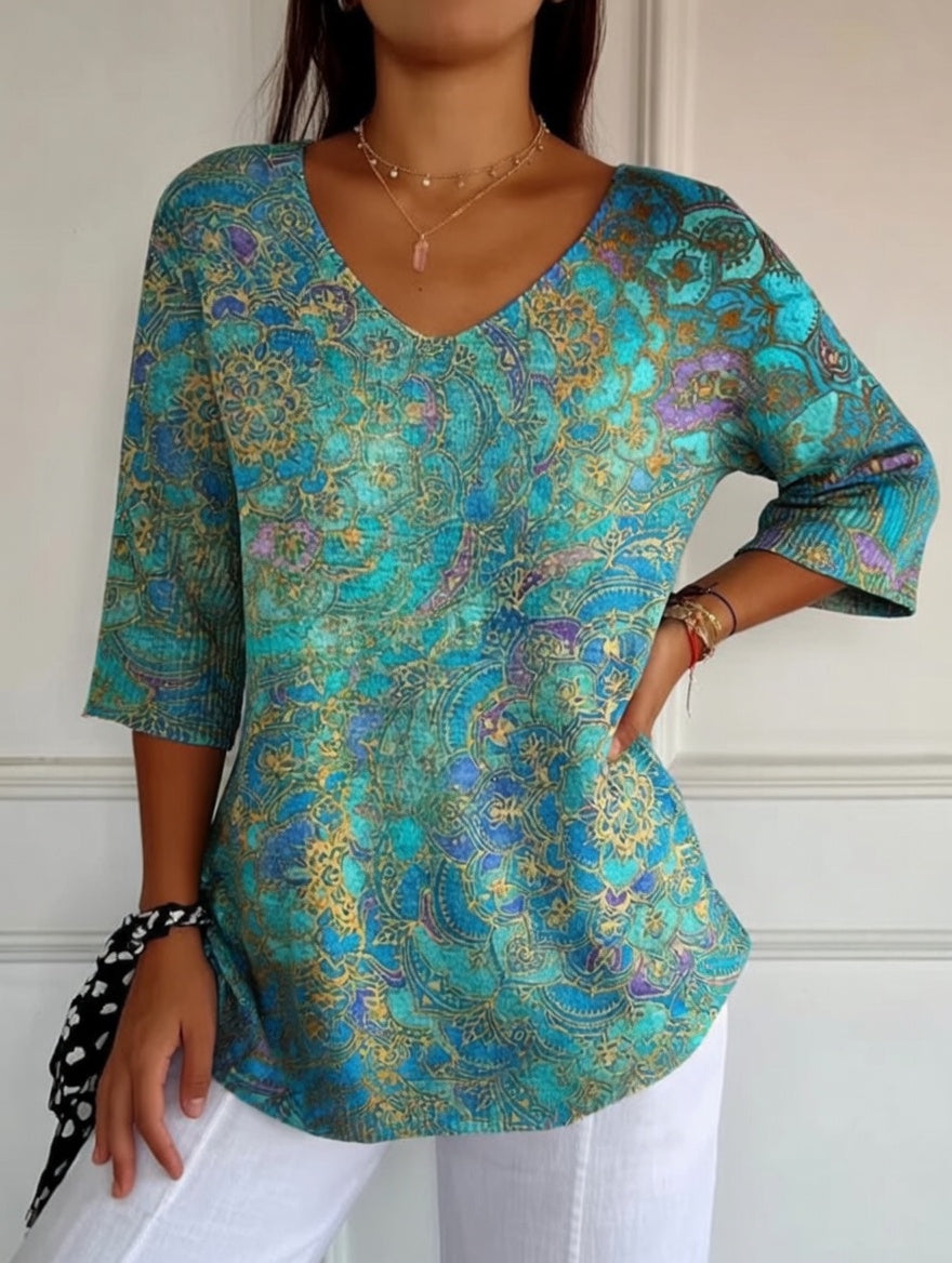 Rezilia | Womens V-Neck Bohemian Print Blouse