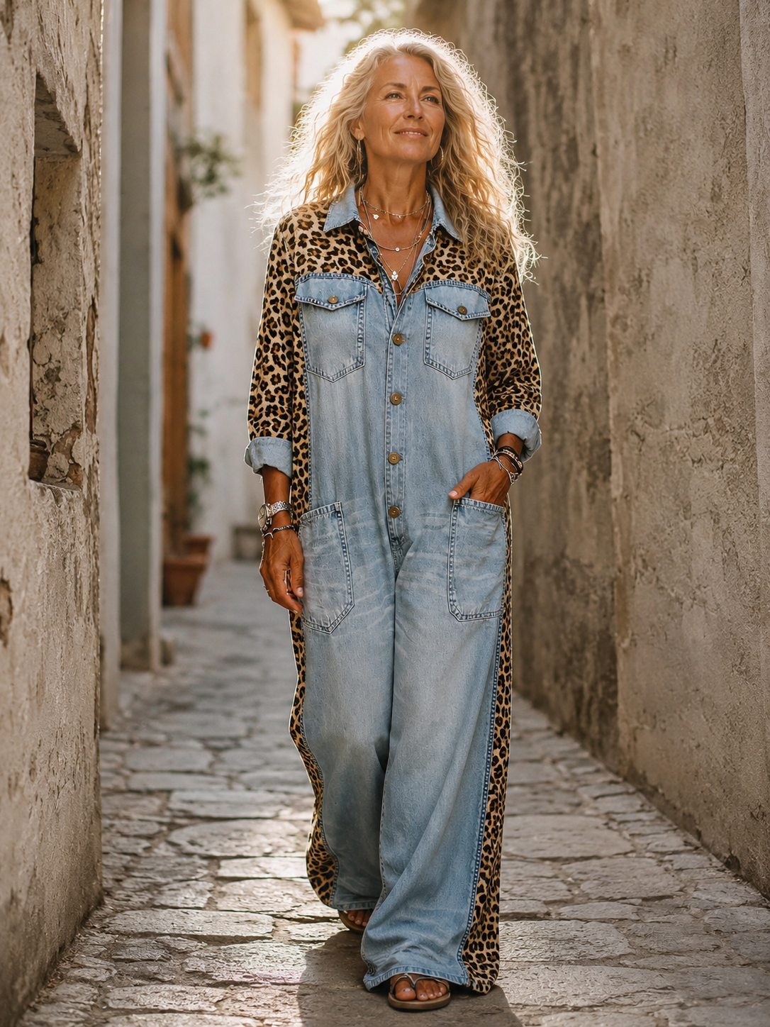 Yasmeen | Leopard Print Denim Wide Leg Jumpsuit