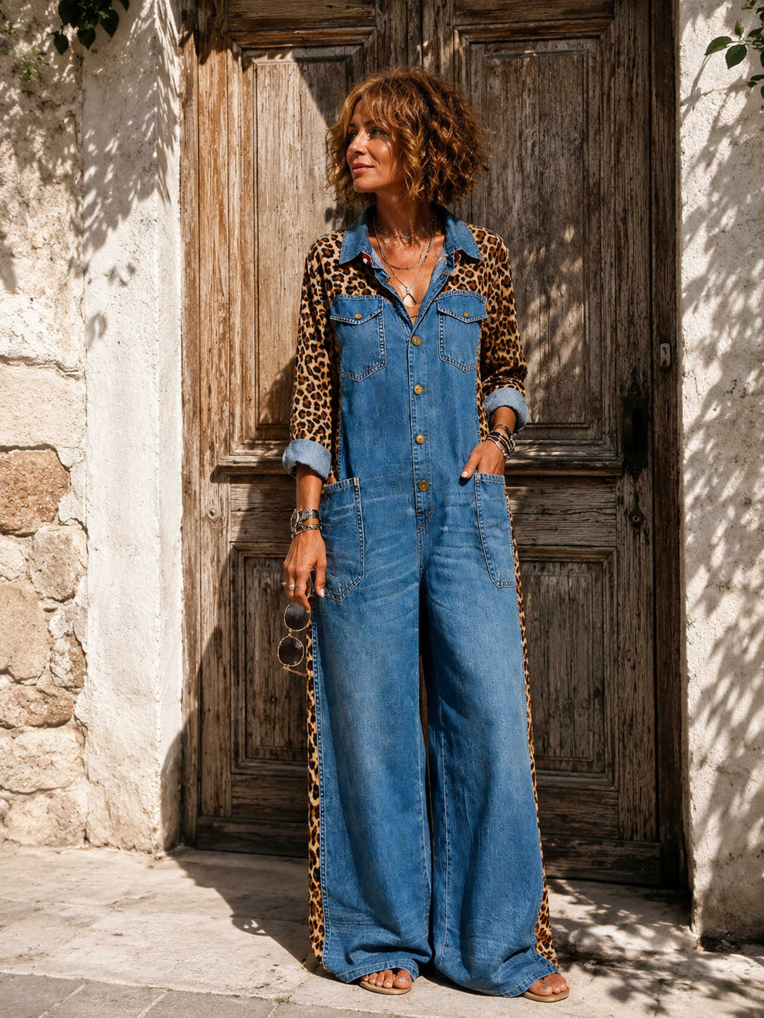 Yasmeen | Leopard Print Denim Wide Leg Jumpsuit