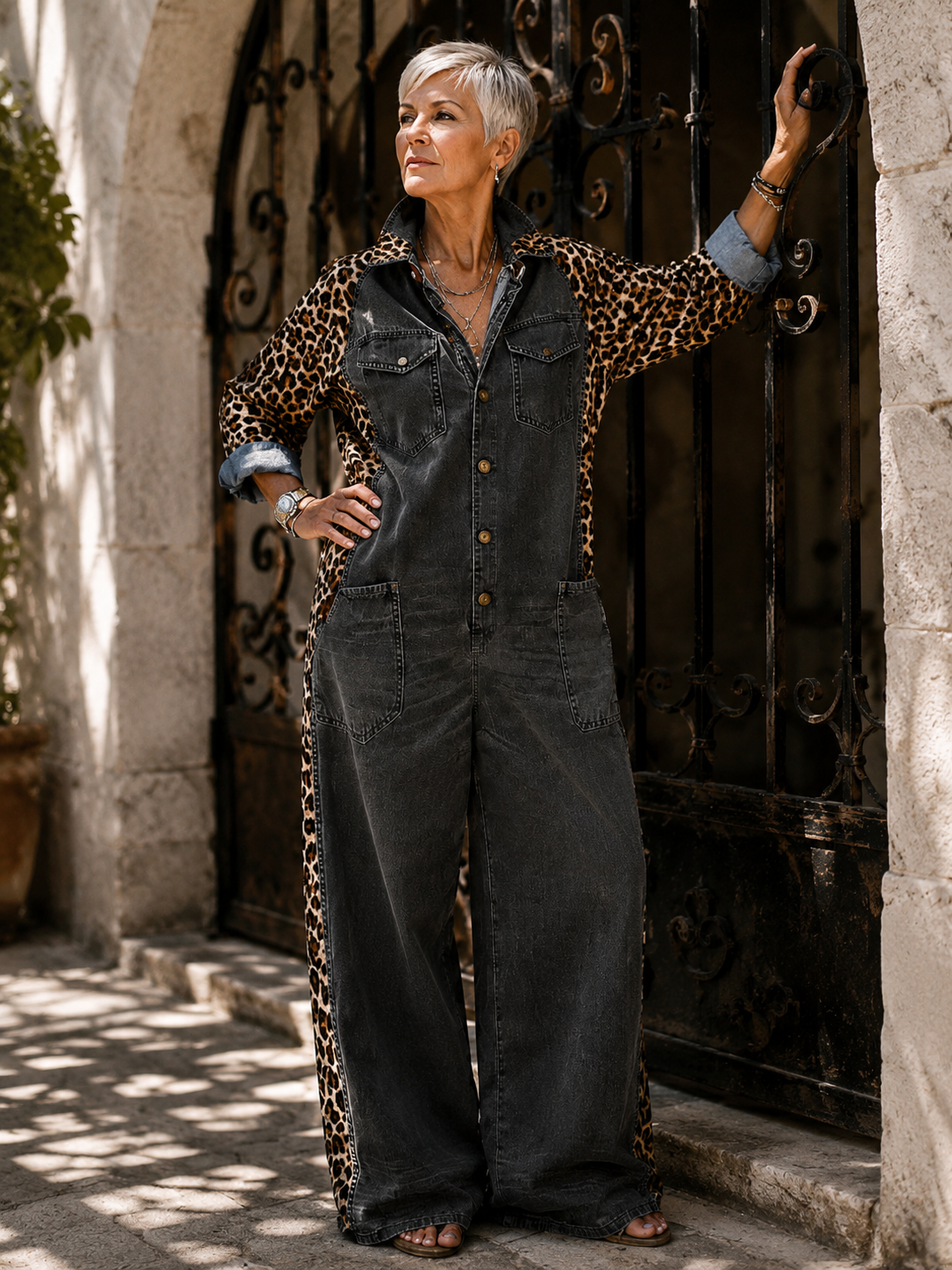 Yasmeen | Leopard Print Denim Wide Leg Jumpsuit