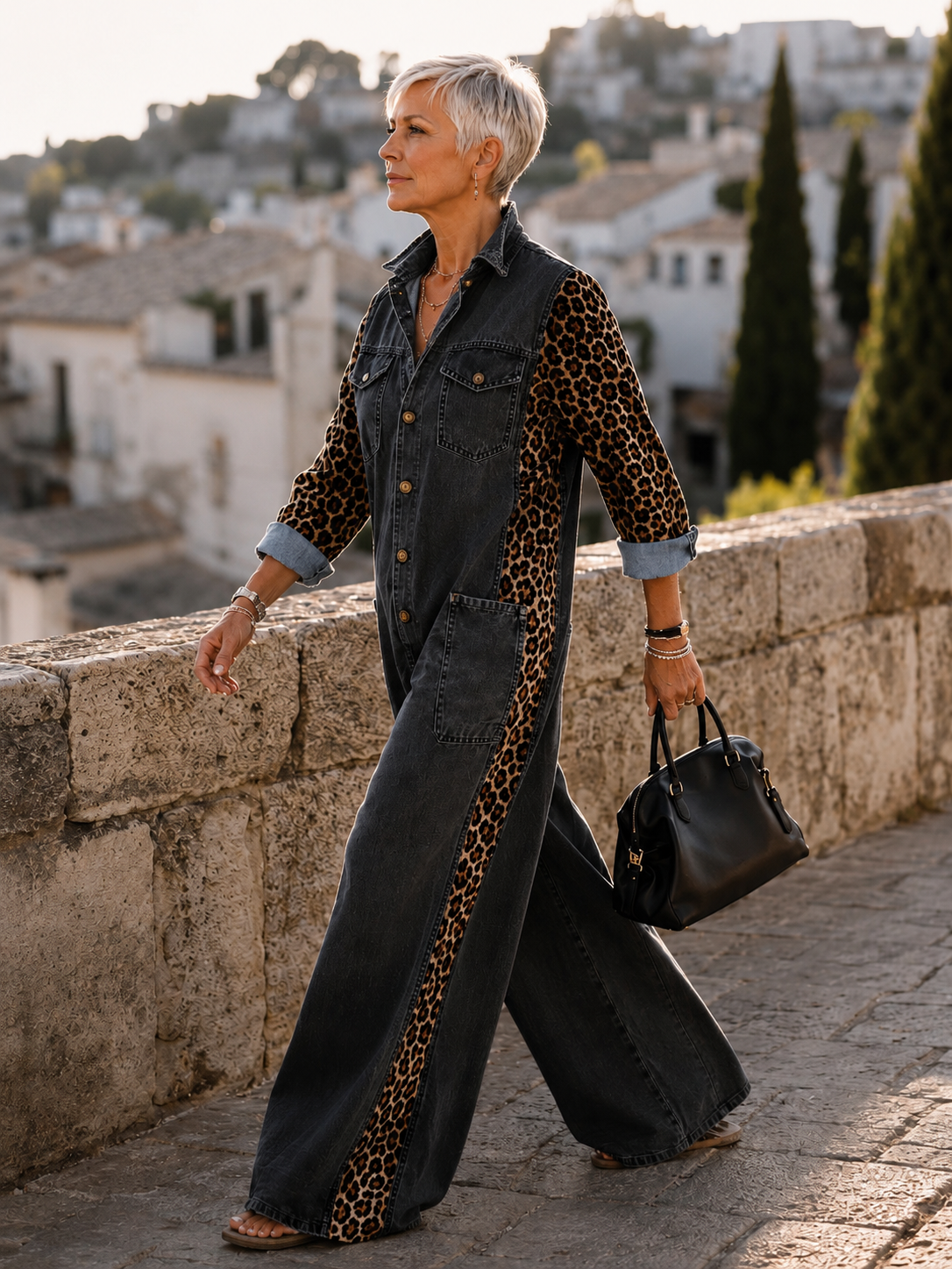 Yasmeen | Leopard Print Denim Wide Leg Jumpsuit