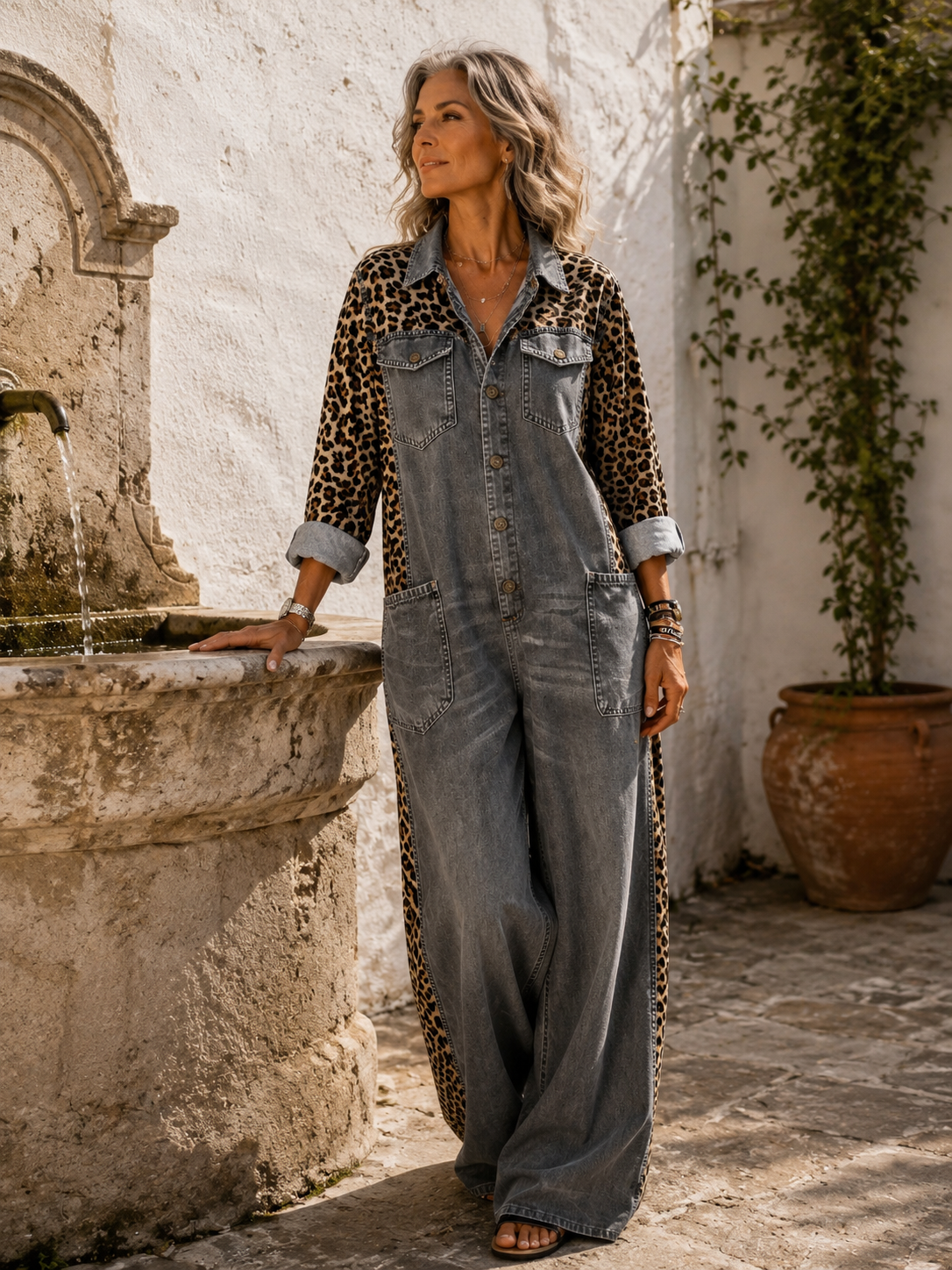 Yasmeen | Leopard Print Denim Wide Leg Jumpsuit