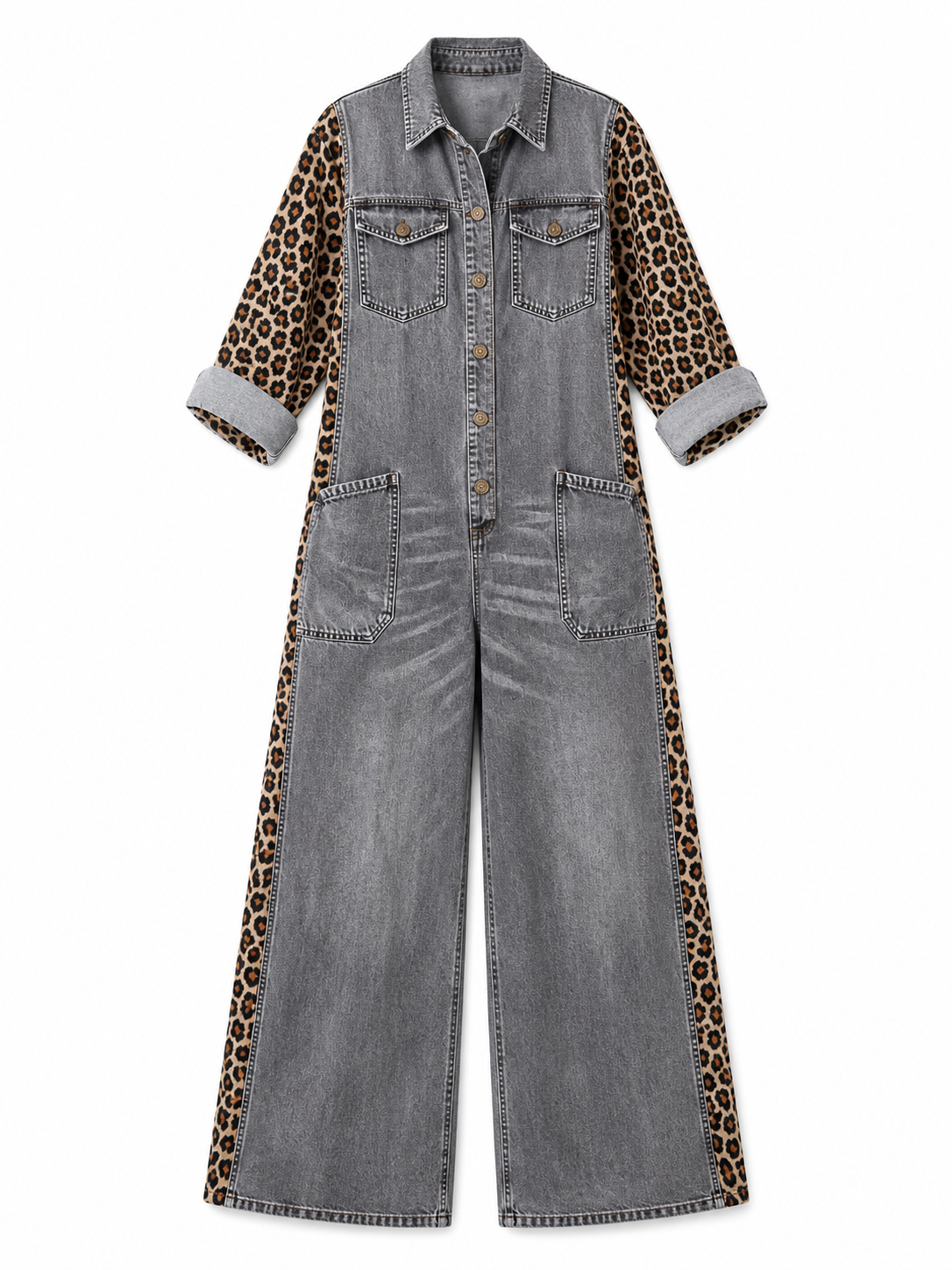Yasmeen | Leopard Print Denim Wide Leg Jumpsuit