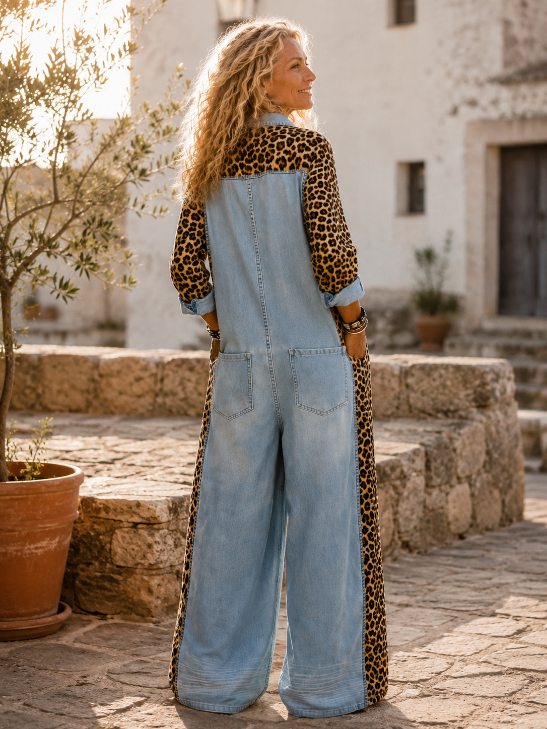 Yasmeen | Leopard Print Denim Wide Leg Jumpsuit