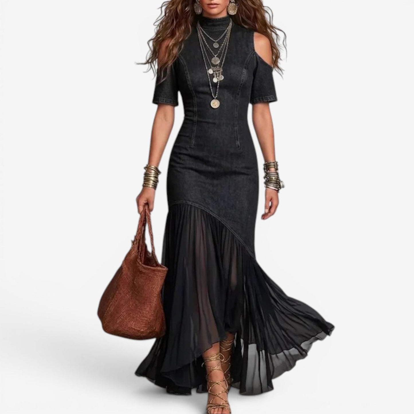 Lyttia | Denim-Style Cold Shoulder Maxi Dress