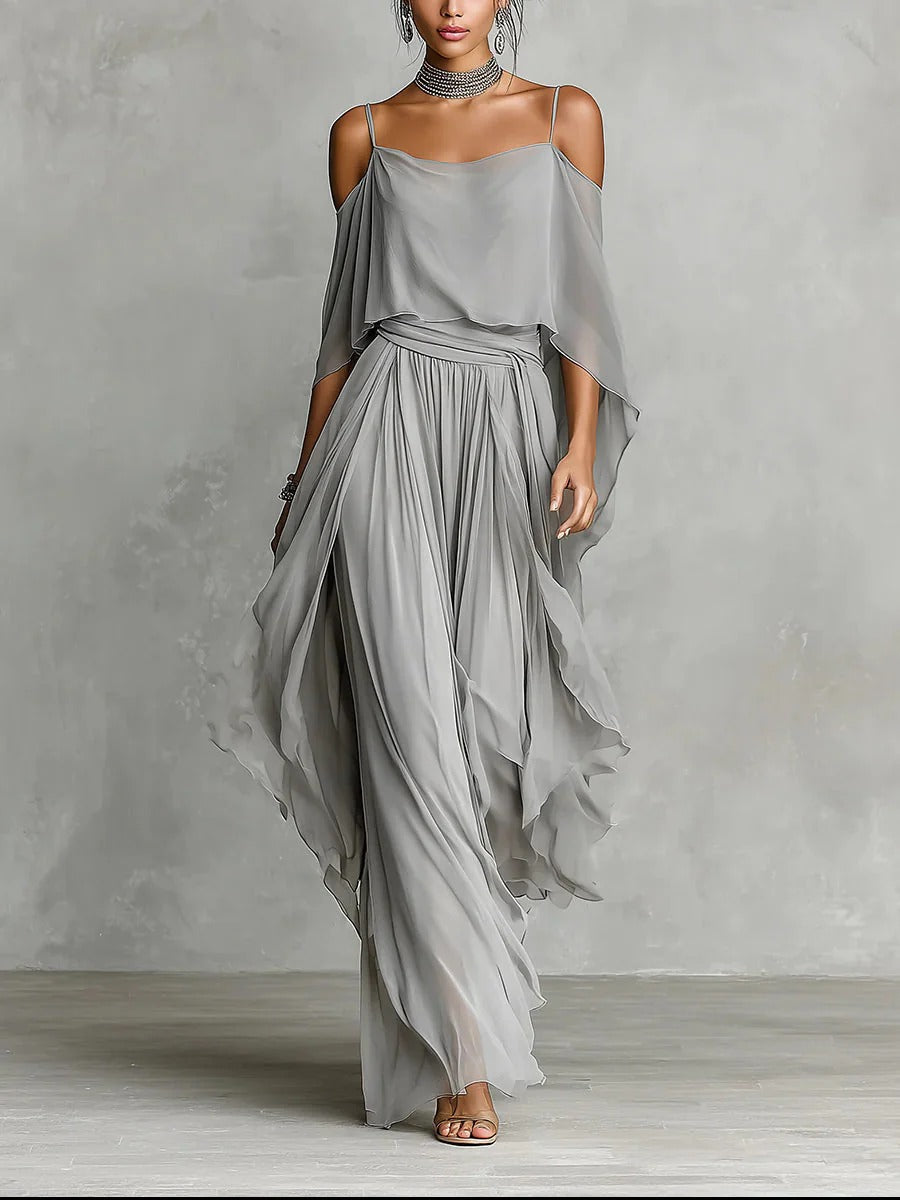 Roneeta | Grey Cold Shoulder Wide Leg Set