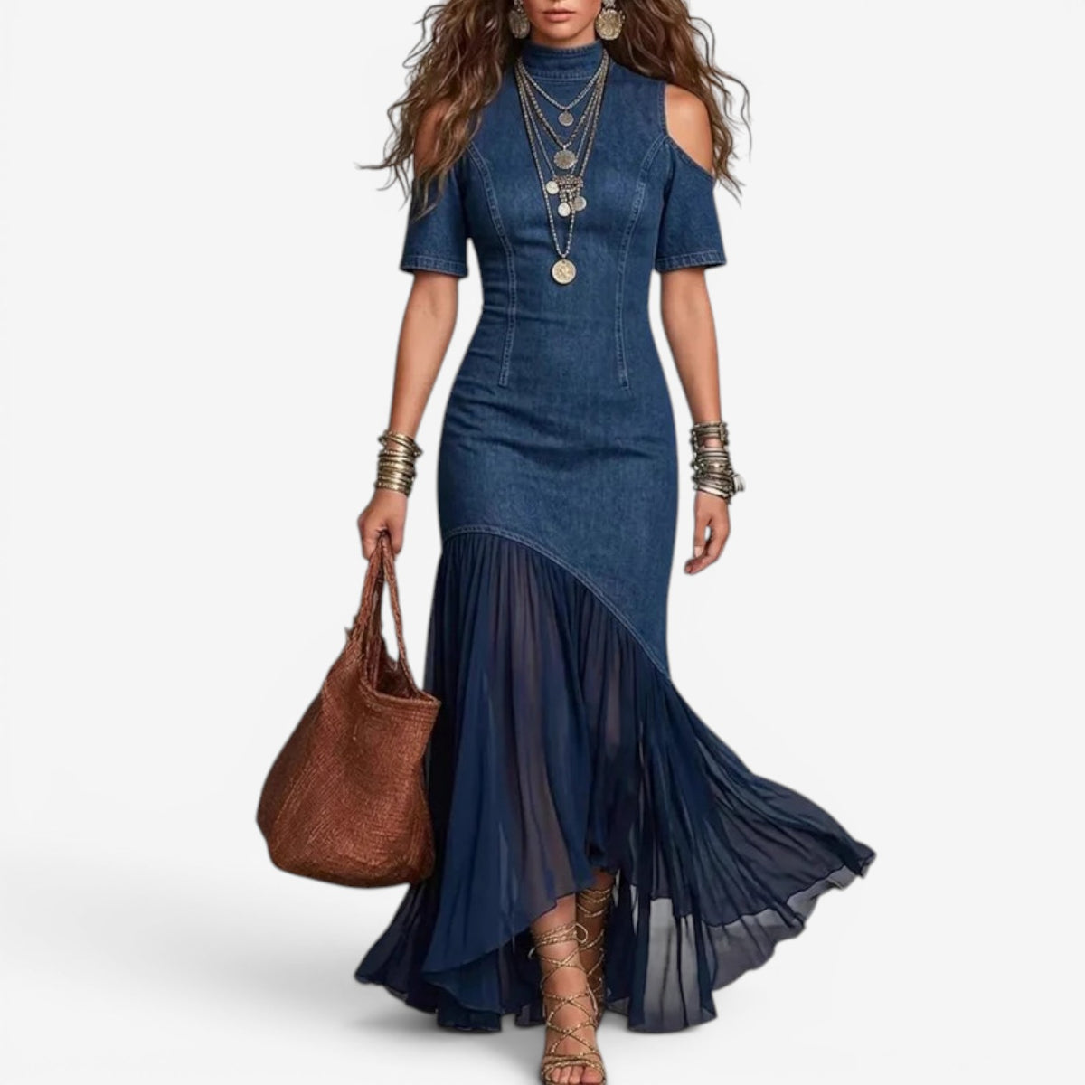 Lyttia | Denim-Style Cold Shoulder Maxi Dress