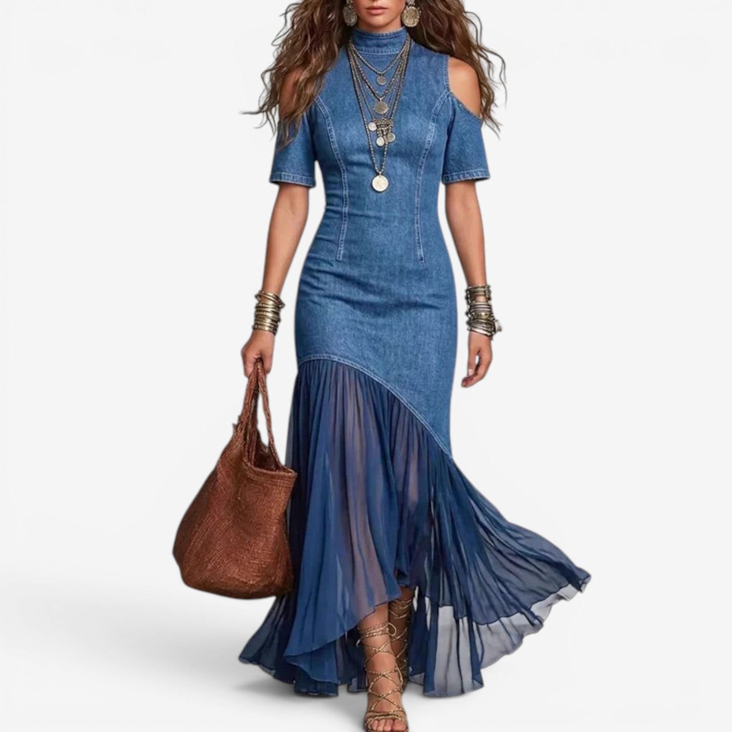 Lyttia | Denim-Style Cold Shoulder Maxi Dress