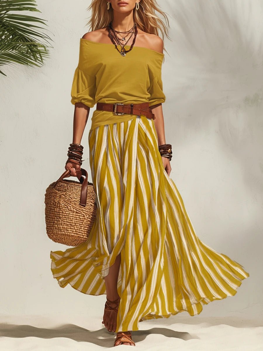 Esabella | Off Shoulder Two-Piece Stripe Skirt Set