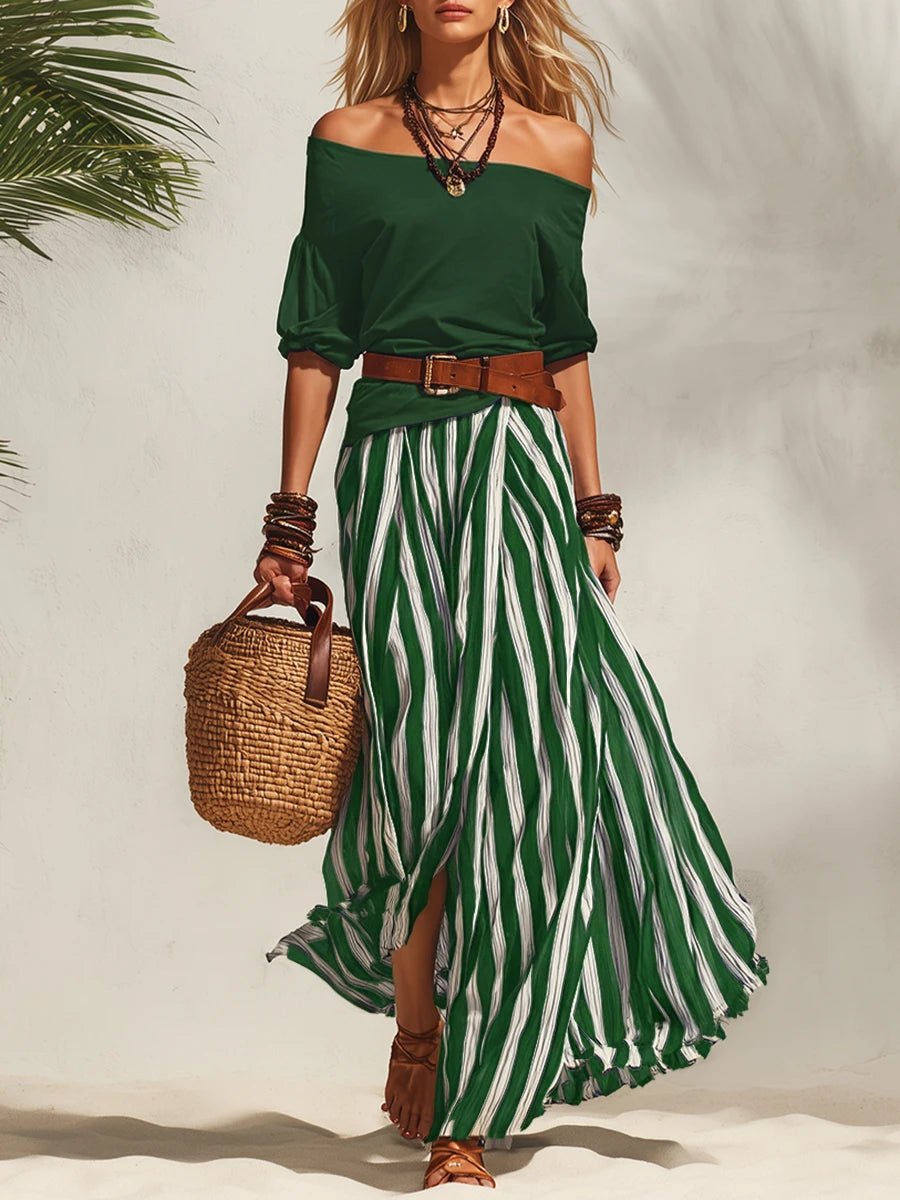 Esabella | Off Shoulder Two-Piece Stripe Skirt Set
