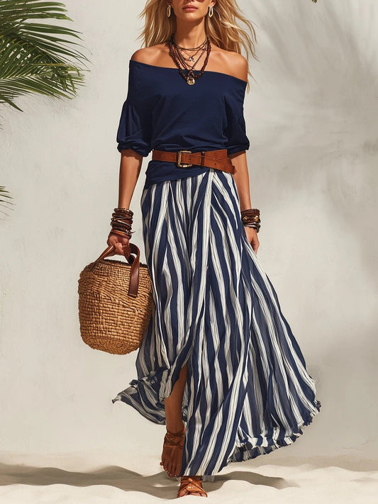 Esabella | Off Shoulder Two-Piece Stripe Skirt Set