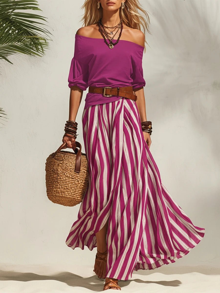 Esabella | Off Shoulder Two-Piece Stripe Skirt Set