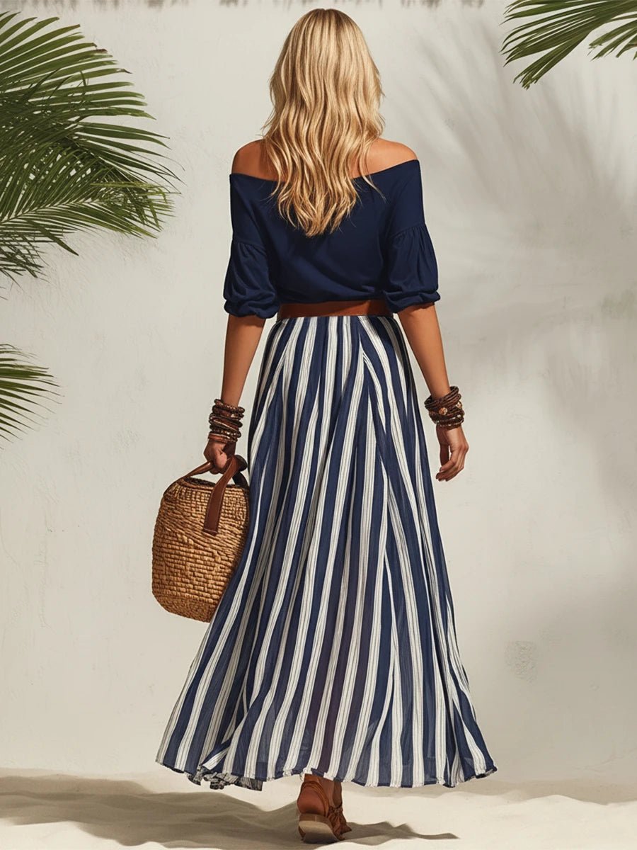 Esabella | Off Shoulder Two-Piece Stripe Skirt Set