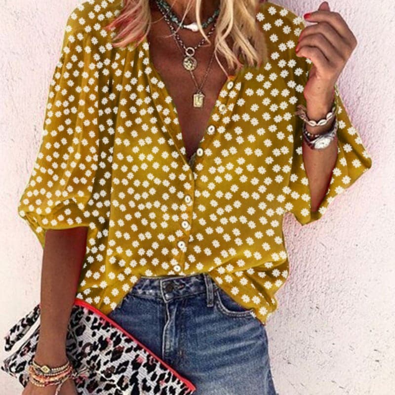 Nathally | Floral Print V Neck Button Blouse