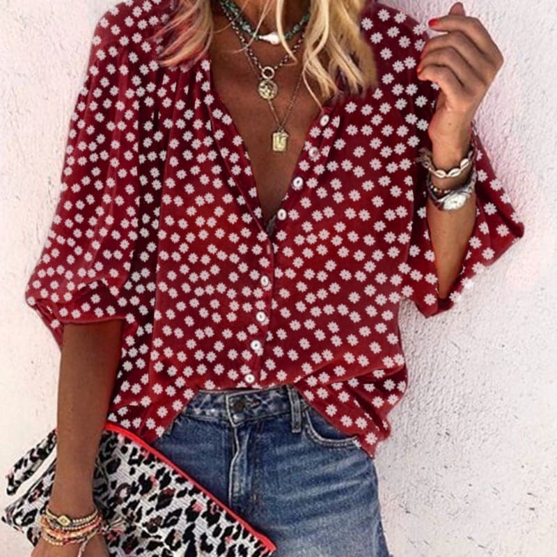 Nathally | Floral Print V Neck Button Blouse
