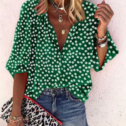 Nathally | Floral Print V Neck Button Blouse
