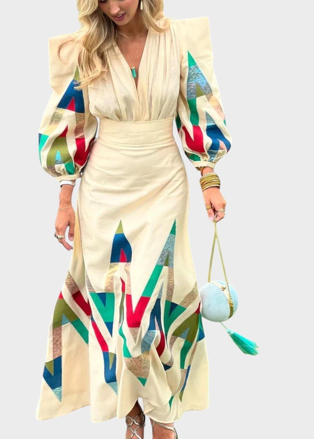 Eleni | Geometric Print Puff Sleeve Maxi Dress
