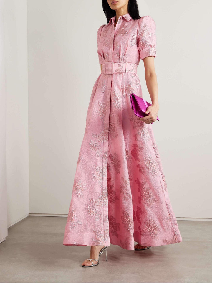 Anabella | Belted Collared Puff Sleeve Maxi Dress