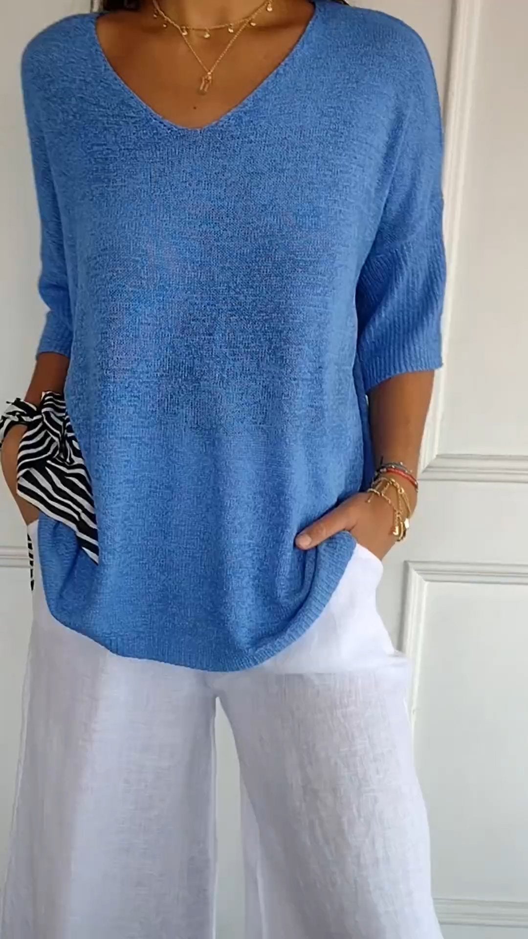 Rosal | V-Neck Knit Top 3/4 Sleeve