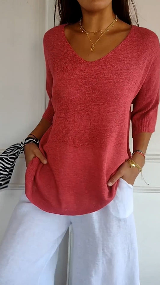 Rosal | V-Neck Knit Top 3/4 Sleeve