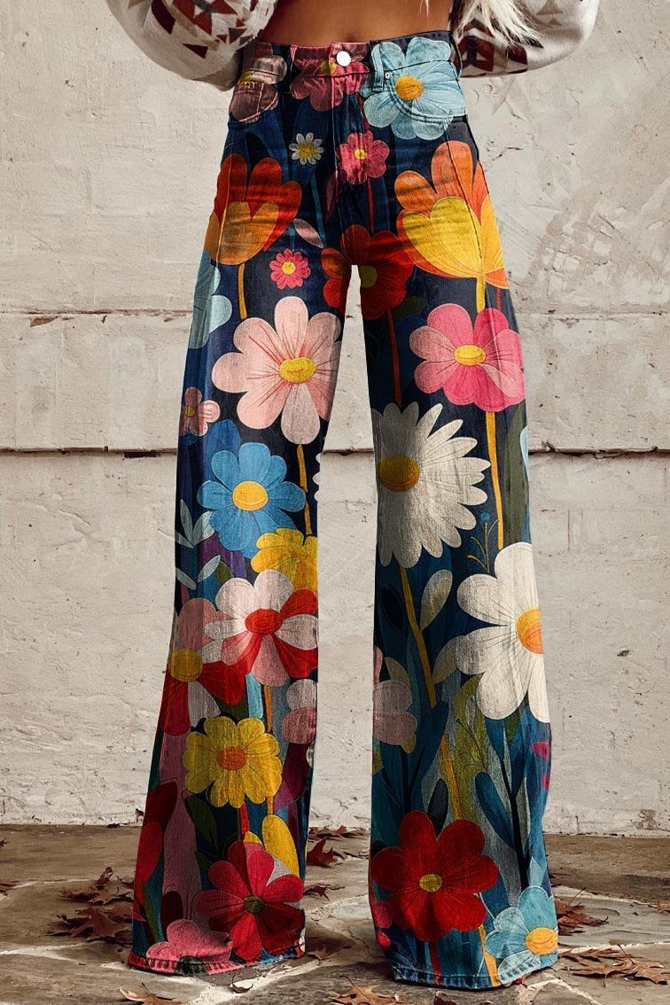 Mailin | Wide Leg Floral Denim Jeans