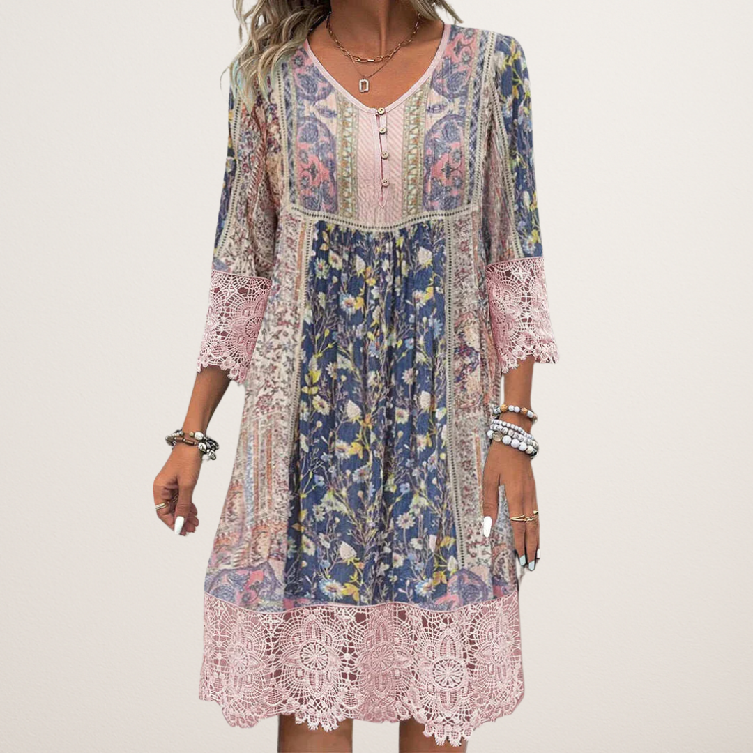 Tegan | Floral Print Lace Trim Midi Dress