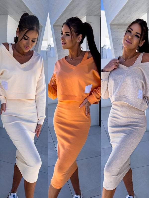 Latasha |  V-Neck Long Sleeve Midi Dress Set