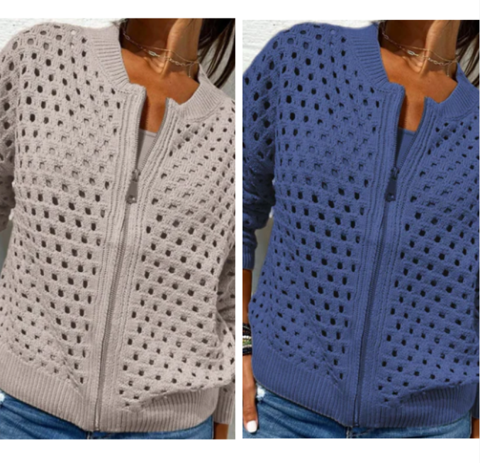 Kelsey | Open-Knit Zip Jacket with Ribbed Trim
