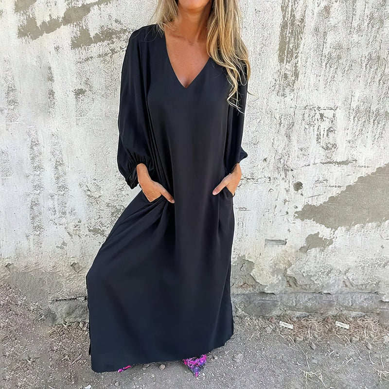 Loosia | Maxi Dress V Neck Long Sleeve Pockets