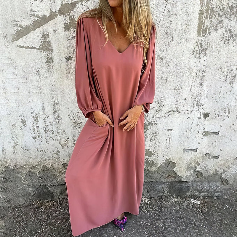 Loosia | Maxi Dress V Neck Long Sleeve Pockets