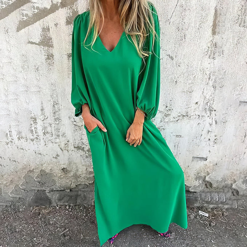 Loosia | Maxi Dress V Neck Long Sleeve Pockets