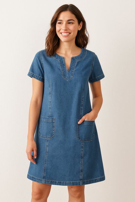 Polixeni | Denim Style Short Sleeve Pocket Dress