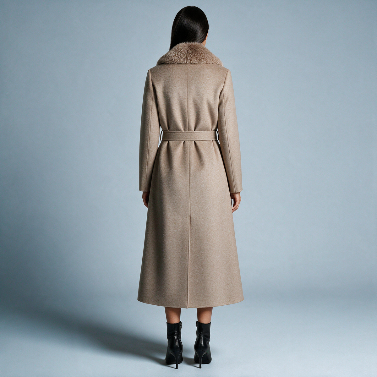 Sallie | Long Belted Coat with Plush Collar