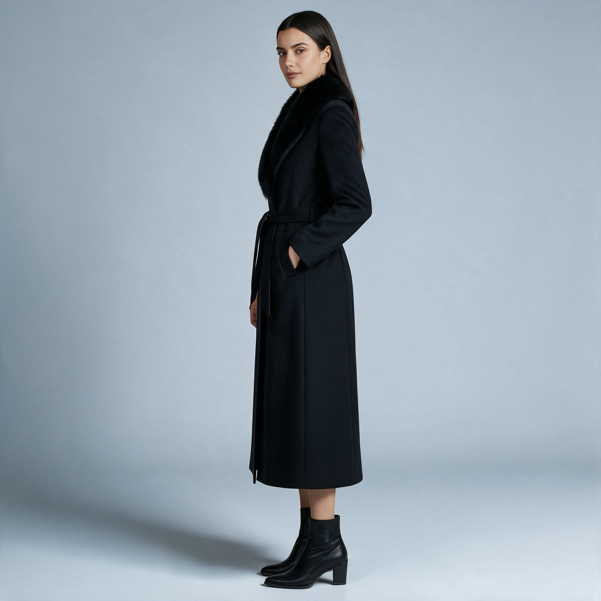 Sallie | Long Belted Coat with Plush Collar
