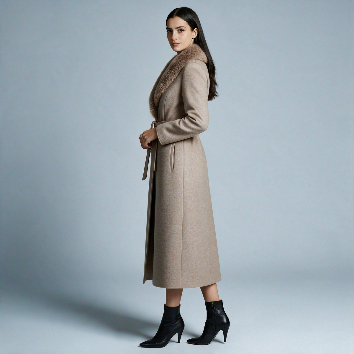 Sallie | Long Belted Coat with Plush Collar