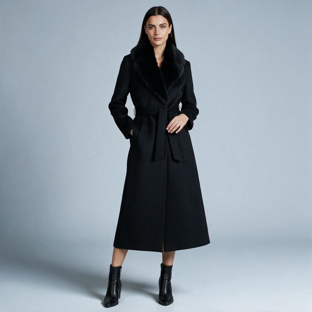Sallie | Long Belted Coat with Plush Collar