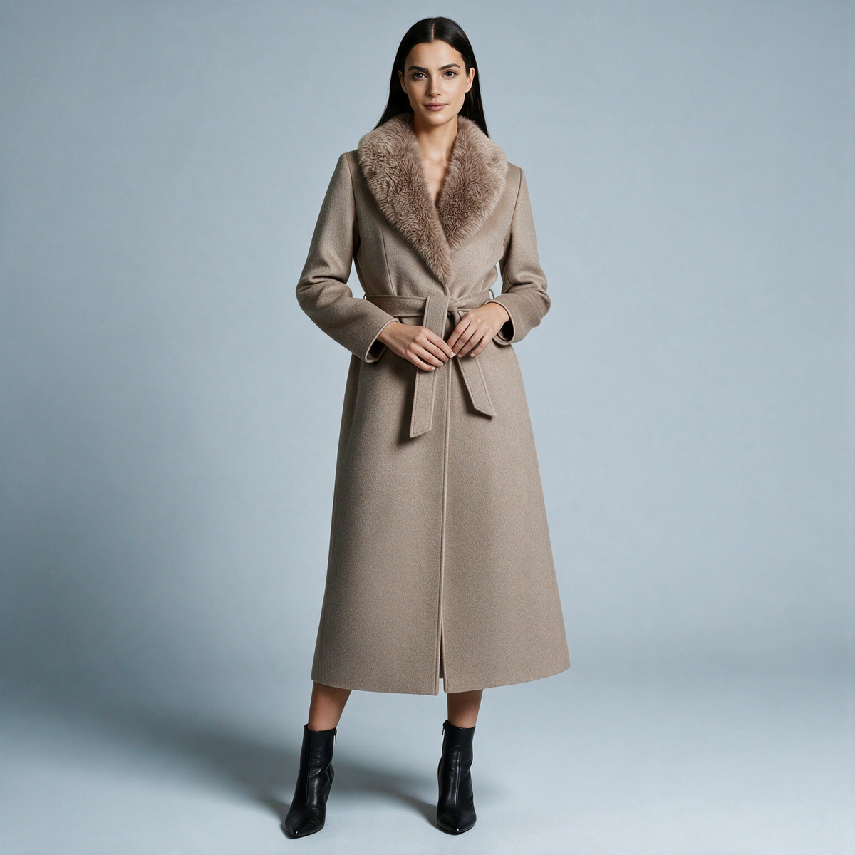 Sallie | Long Belted Coat with Plush Collar